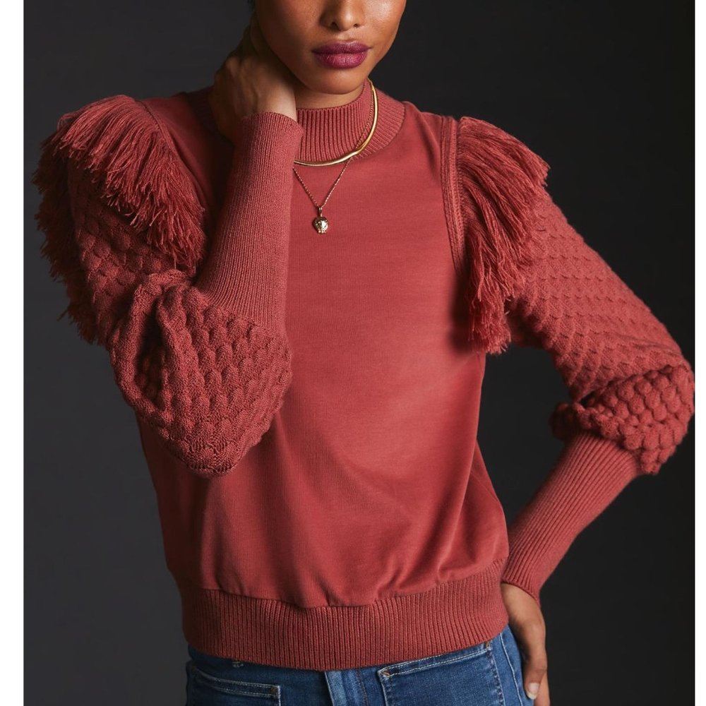 Anthropologie DOLAN Fringed Sweater Cocoa Red Brown Large - Picture 1 of 10